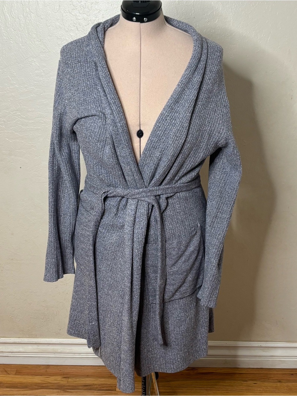 Barefoot Dreams Gray Ribbed Knit Shawl Robe with Belt